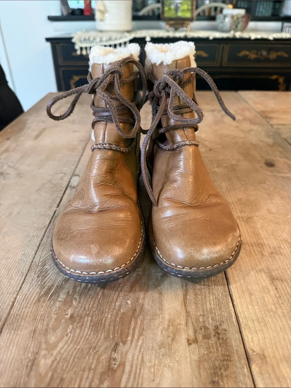 UGG Brown Leather Shearling Lace-Up Ankle Booties